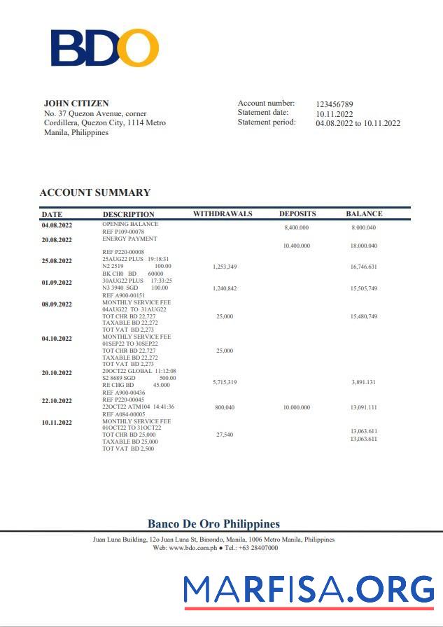 Blank Philippines BDO bank statement word example